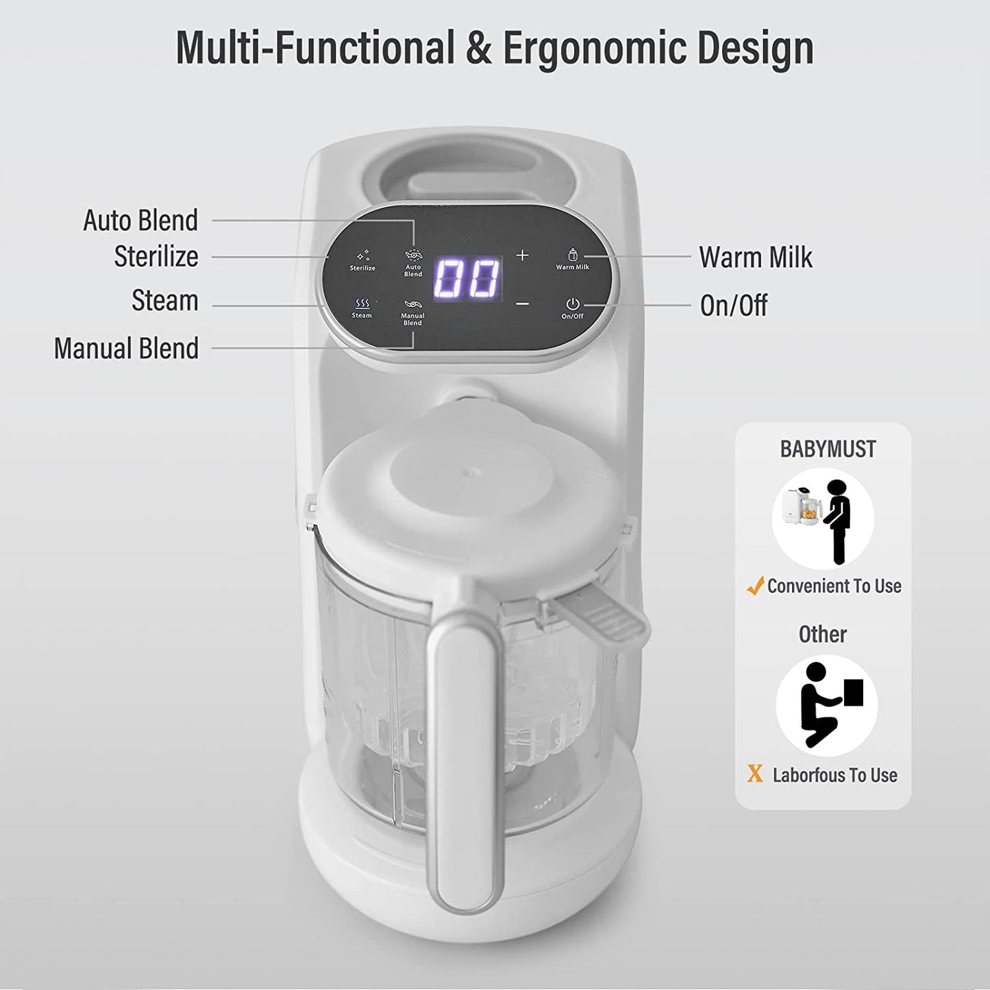 Baby Food Processor | Baby Food Maker | Mul-tifunctional Baby Food Puree Steamer and Grinder with Ergonomic Touch Screen Control, Large Capacity Blender, Free Baby Food Recipe Book