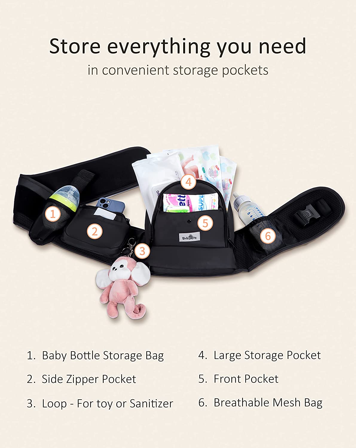 Baby Carrier, BABYMUST Toddler Carrier (up to 66lbs), with Hip Seat&Adjustable Waistband&Various Pockets, Black Ergonomic Carrier, Spring/Summer Style