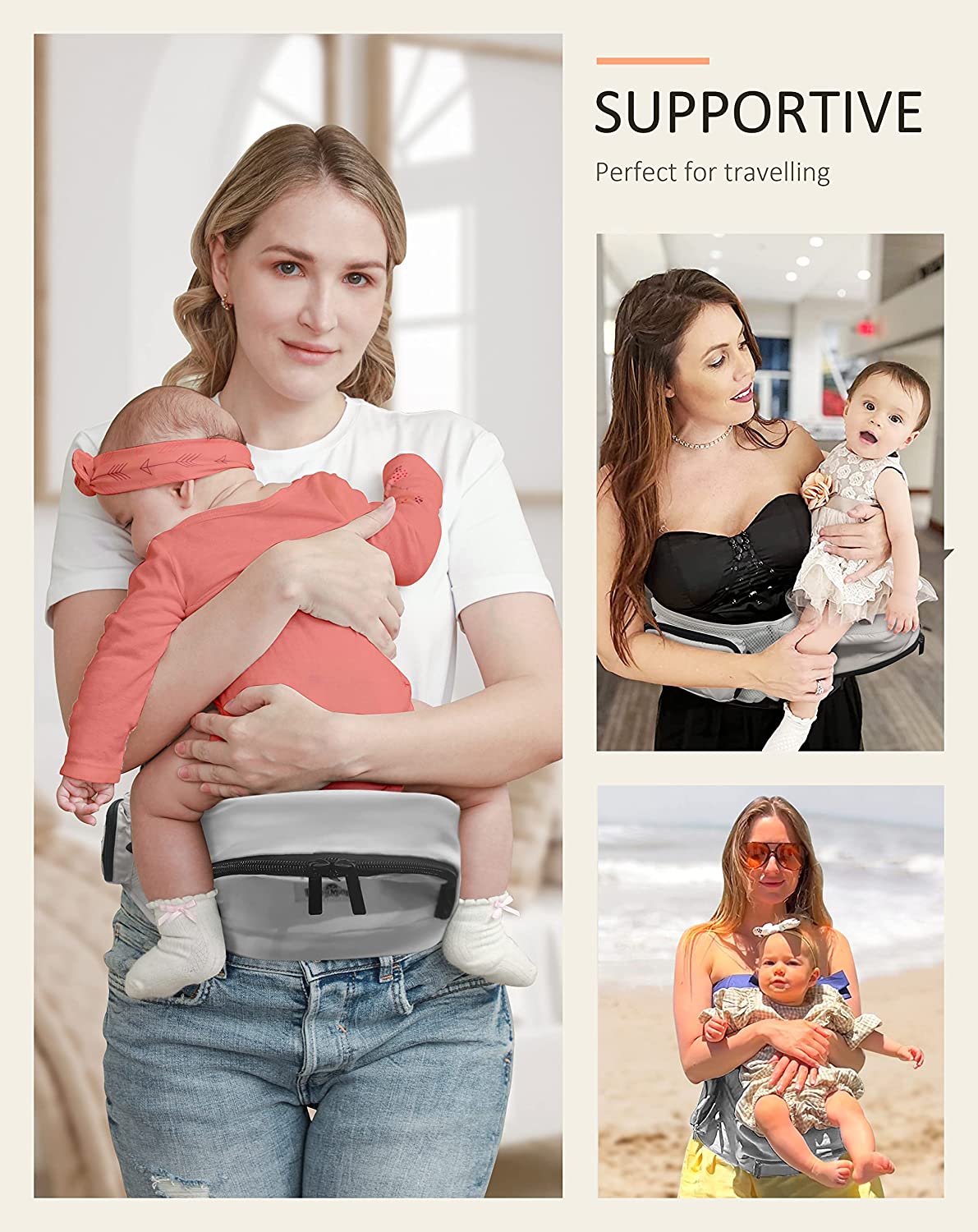 Baby Carrier, BABYMUST Toddler Carrier (up to 66lbs), with Hip Seat&Adjustable Waistband&Various Pockets, Grey Ergonomic Carrier, Spring/Summer Style