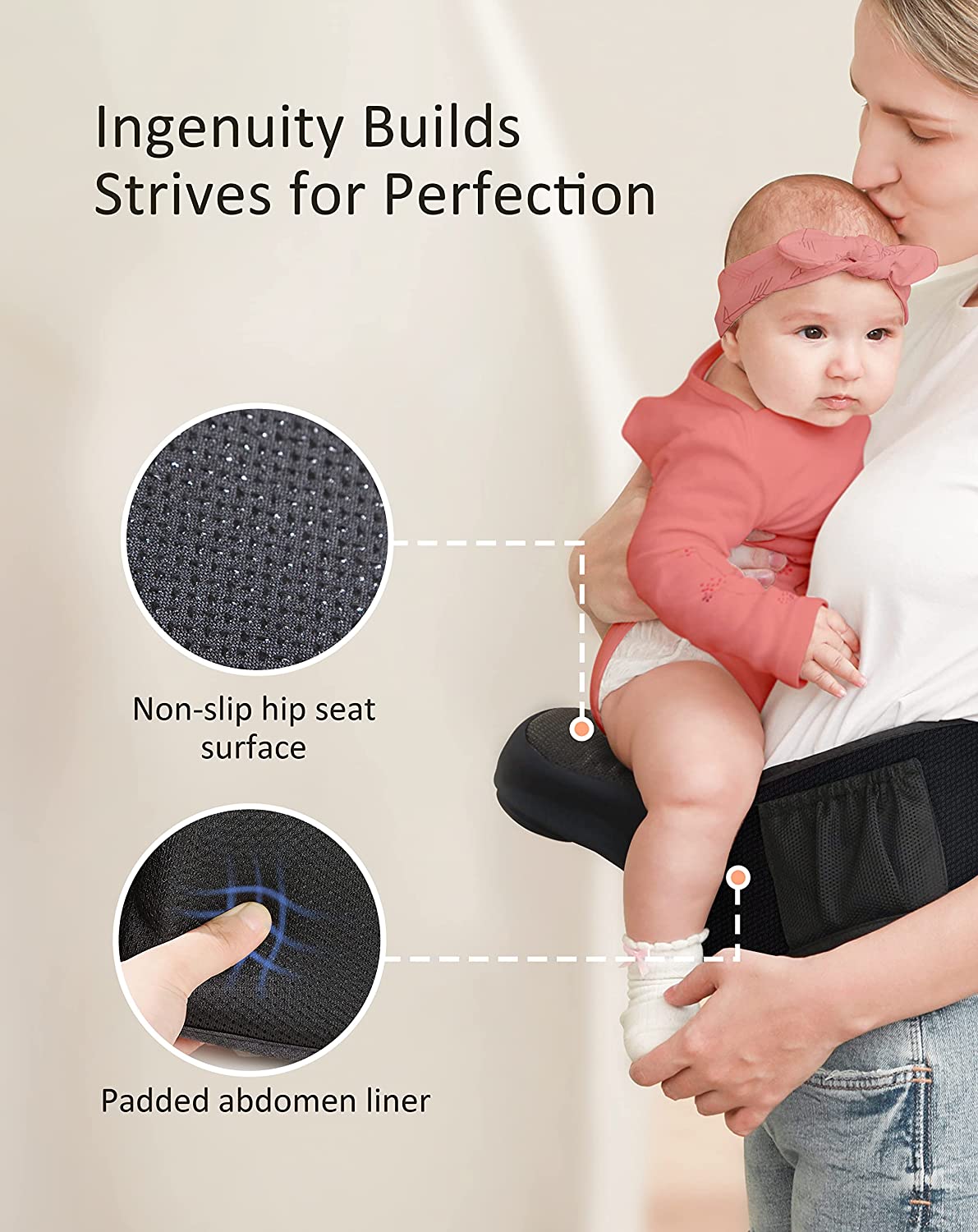 Baby Carrier, BABYMUST Toddler Carrier (up to 66lbs), with Hip Seat&Adjustable Waistband&Various Pockets, Black Ergonomic Carrier, Spring/Summer Style