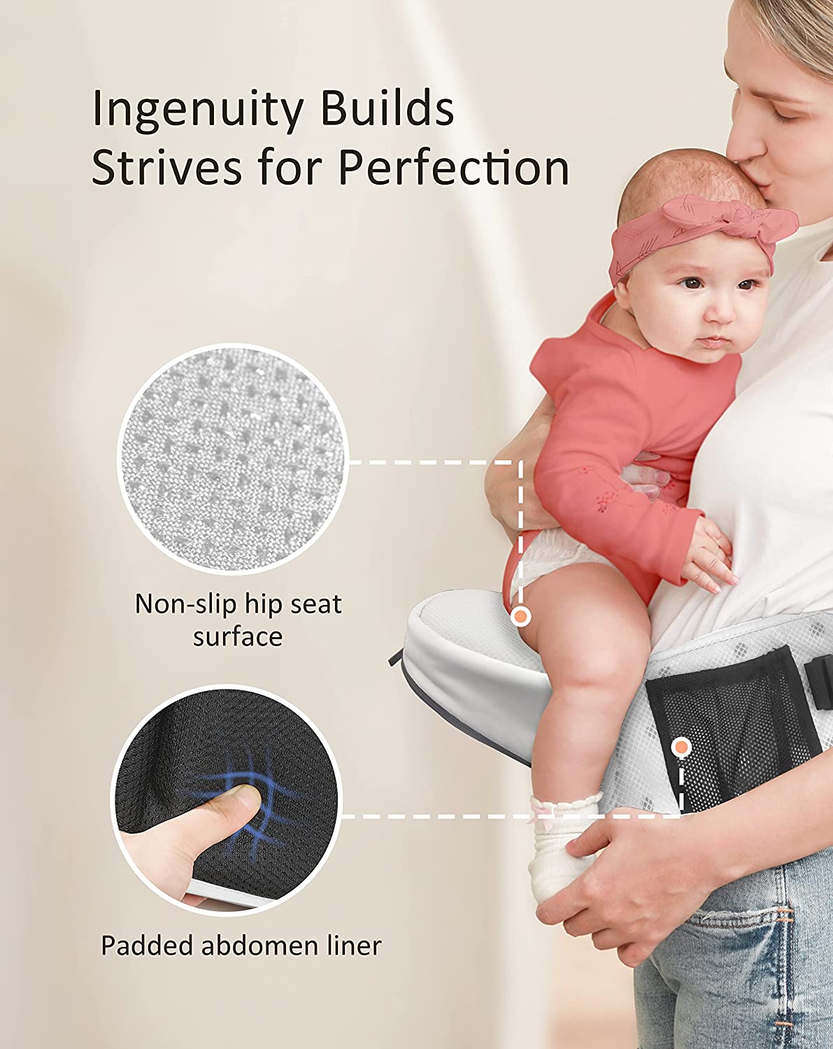 Baby Carrier, BABYMUST Toddler Carrier (up to 66lbs), with Hip Seat&Adjustable Waistband&Various Pockets, Grey Ergonomic Carrier, Spring/Summer Style